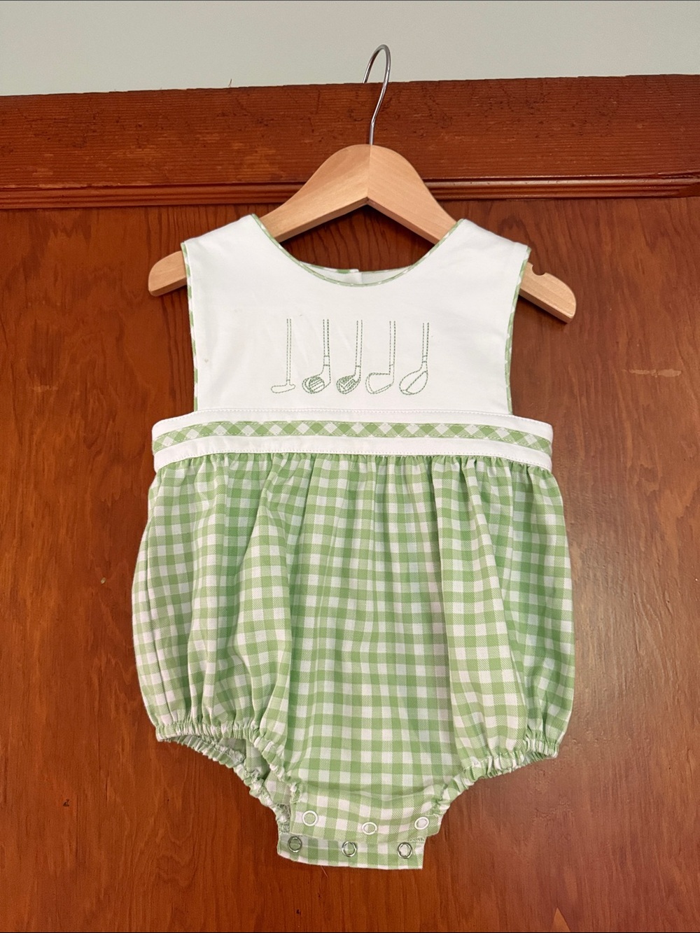 Whimsy Bay Kids Green Gingham Baby Bubble Romper with Embroidered Golf